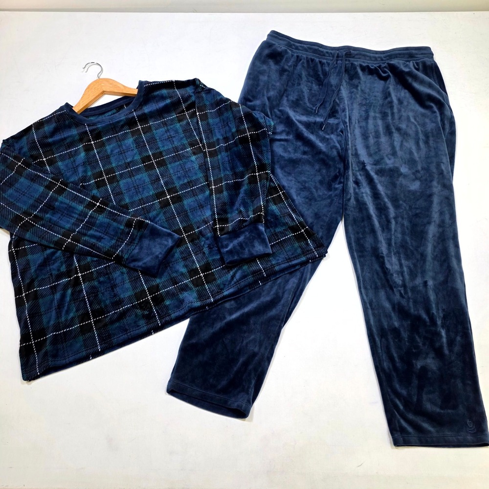 Cuddl Duds Pajama Set XL Blue Plaid Velour Lounge Top Pants Sleepwear Loungewear